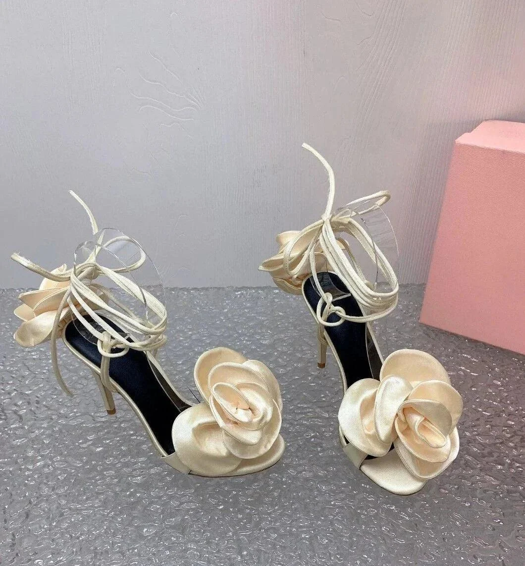 Rose Flower Open Toe Ankle Straps Lace Up Satin Sandals - Glova