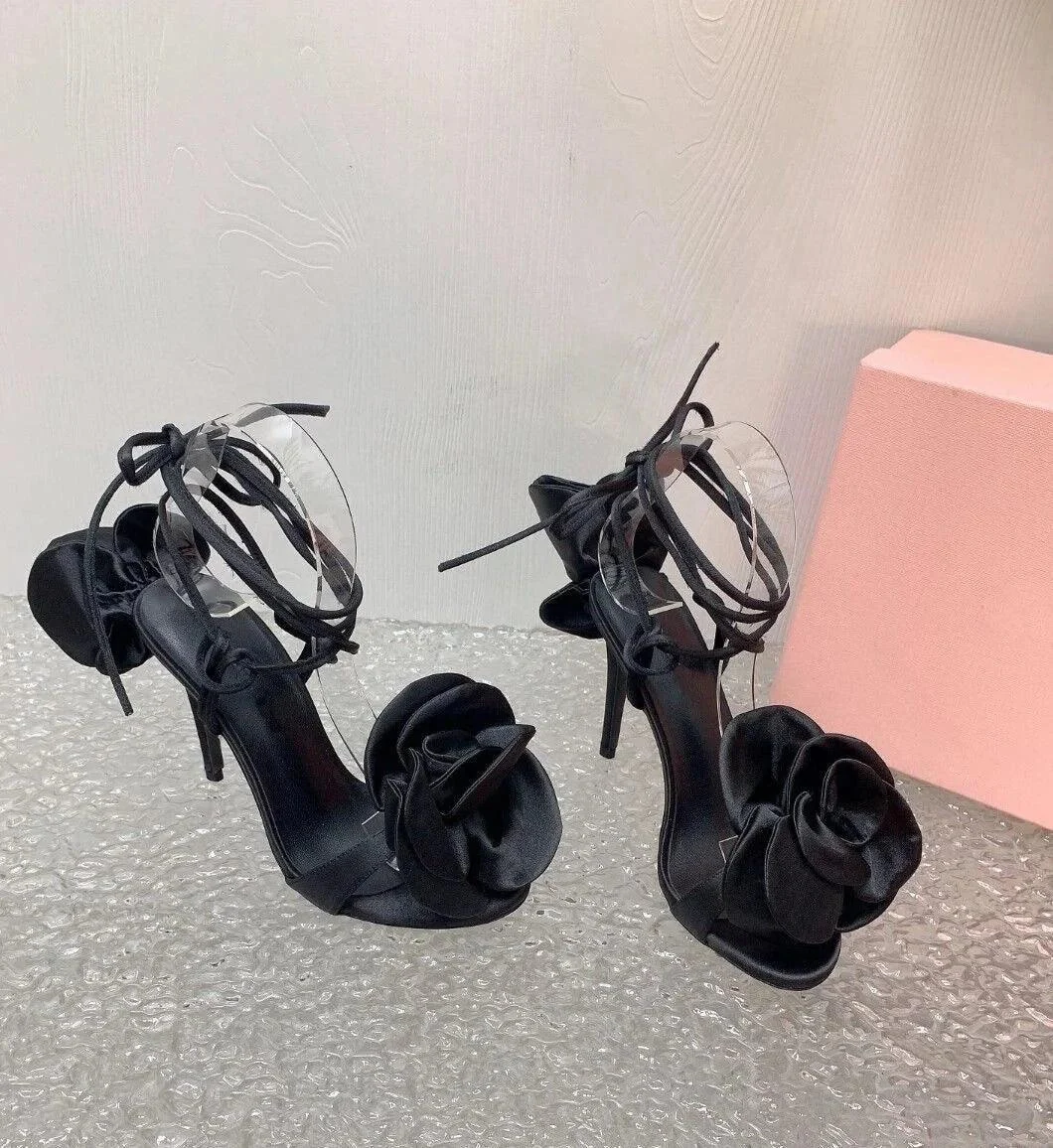 Rose Flower Open Toe Ankle Straps Lace Up Satin Sandals - Glova