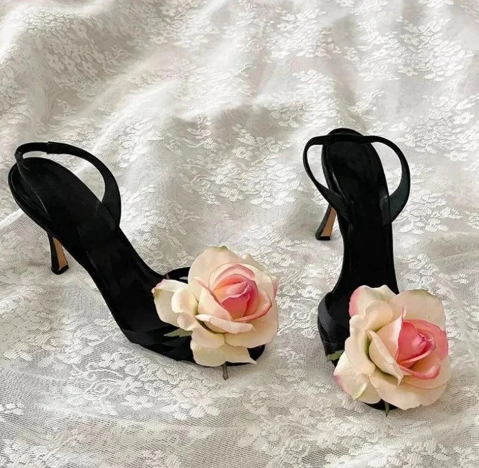 Rose Flower Peep Toe Stiletto Heels Slingback Shoes - Glova