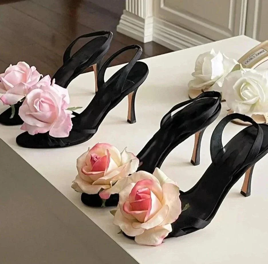 Rose Flower Peep Toe Stiletto Heels Slingback Shoes - Glova