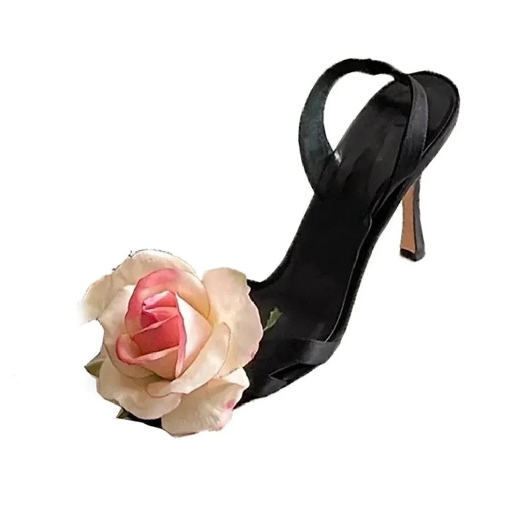 Rose Flower Peep Toe Stiletto Heels Slingback Shoes - Glova