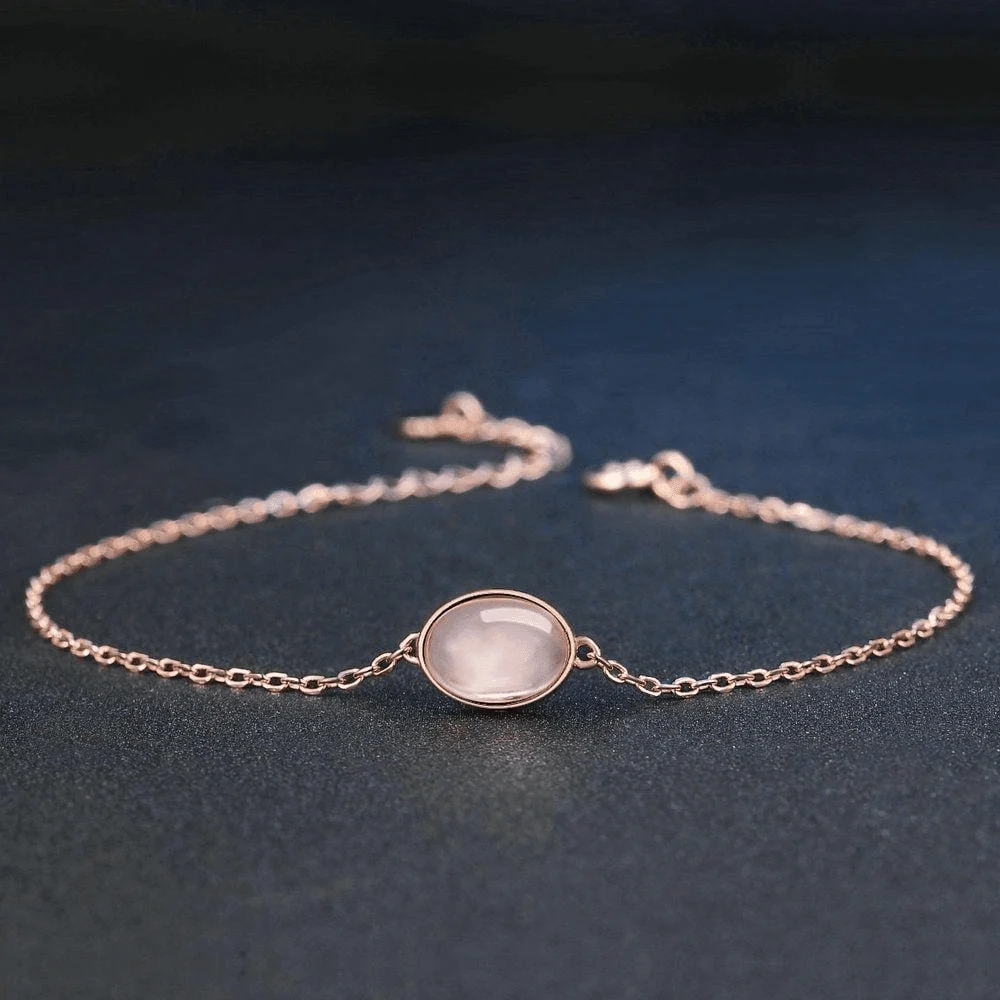 Rose Quartz Sterling Silver S925 Oval Charm Bracelet - Glova