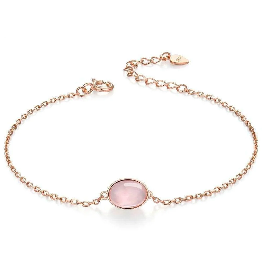 Rose Quartz Sterling Silver S925 Oval Charm Bracelet - Glova