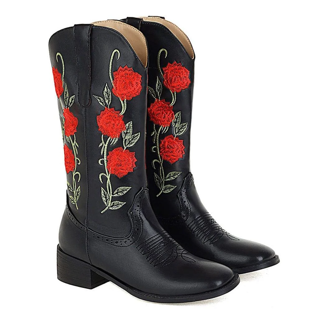 Roses Embroidered Cowboy Boots - Glova