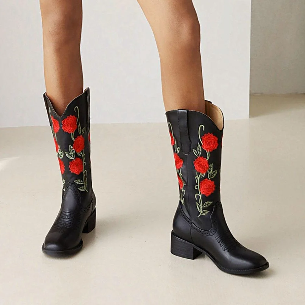 Roses Embroidered Cowboy Boots - Glova