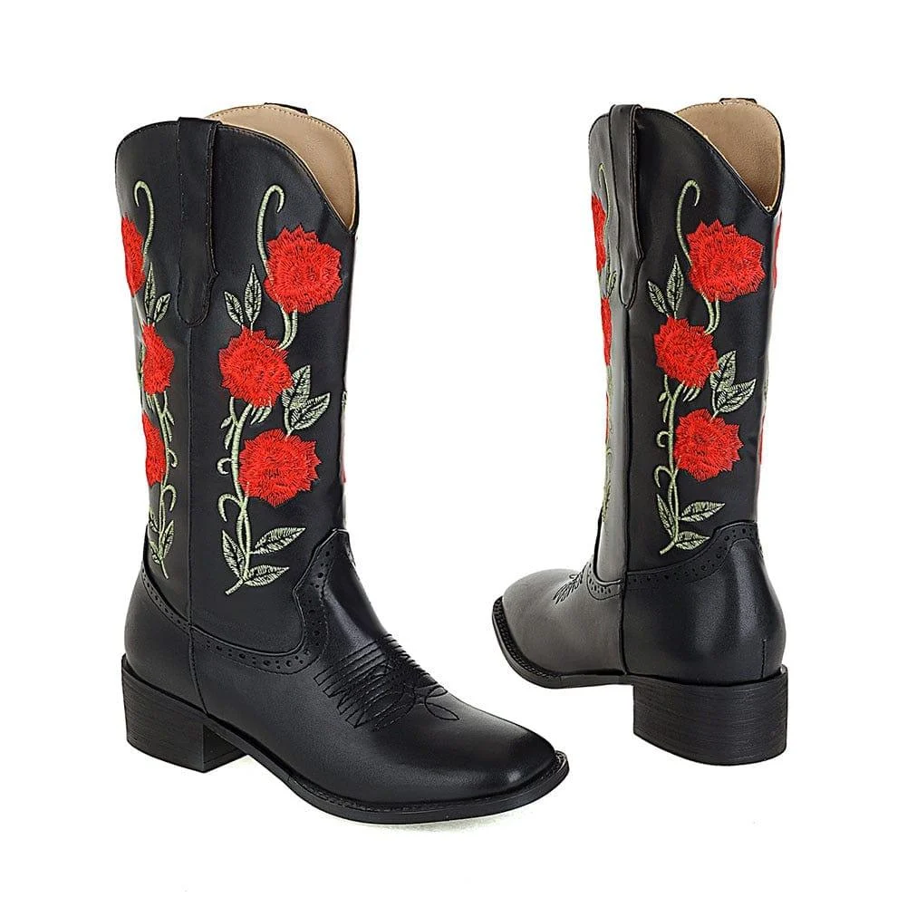 Roses Embroidered Cowboy Boots - Glova