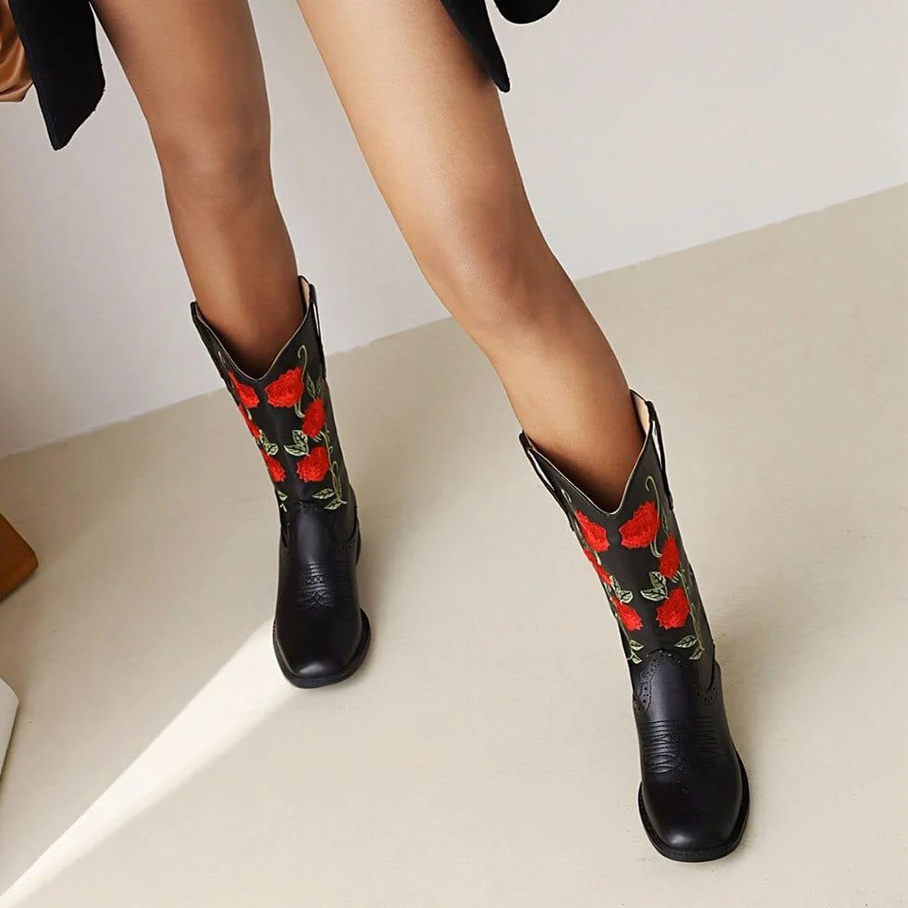 Roses Embroidered Cowboy Boots - Glova