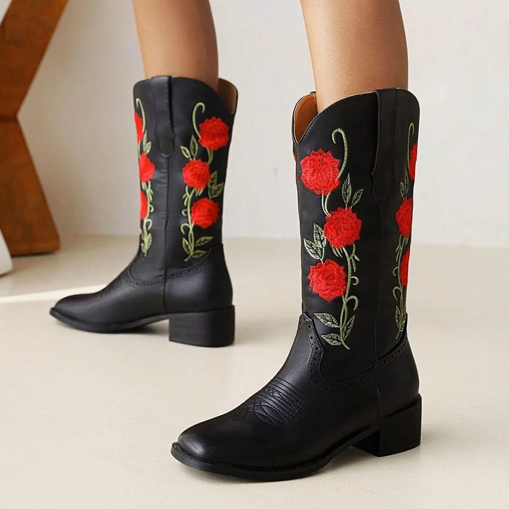 Roses Embroidered Cowboy Boots - Glova