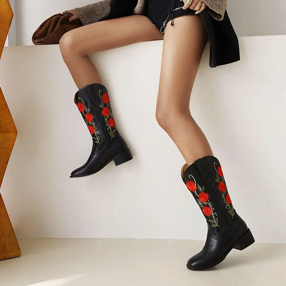 Roses Embroidered Cowboy Boots - Glova