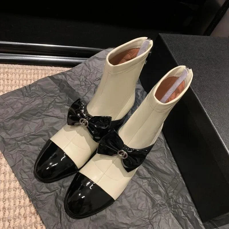 Round Bow Thick Heeled Elastic Back Zipper Women's Boots - Glova