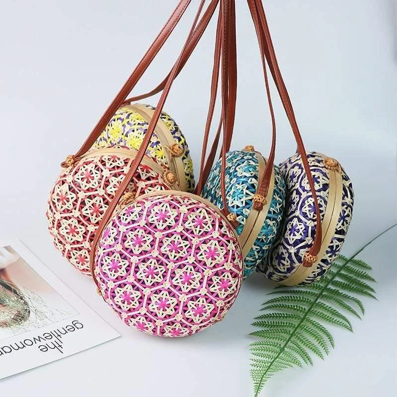 Round Colorful Flower Pattern Rattan Bag - Glova