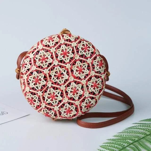 Round Colorful Flower Pattern Rattan Bag - Glova