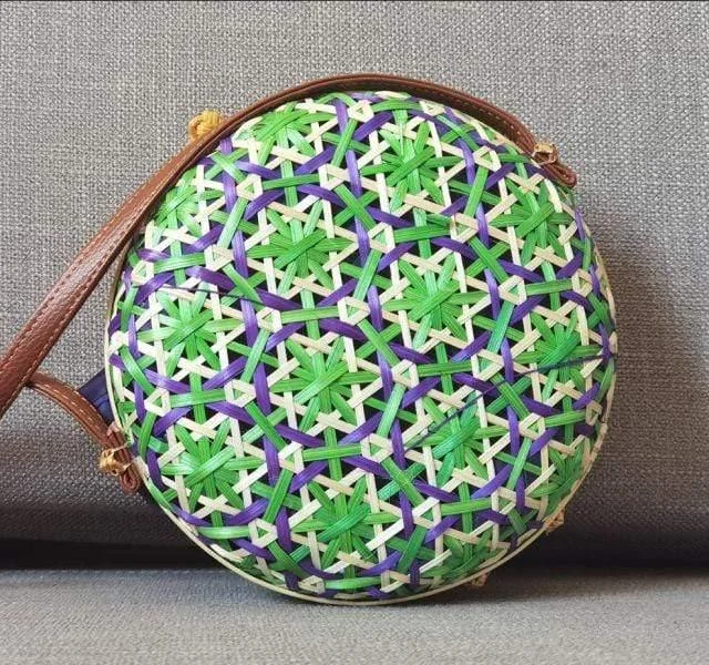 Round Colorful Flower Pattern Rattan Bag - Glova