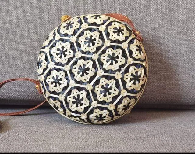 Round Colorful Flower Pattern Rattan Bag - Glova