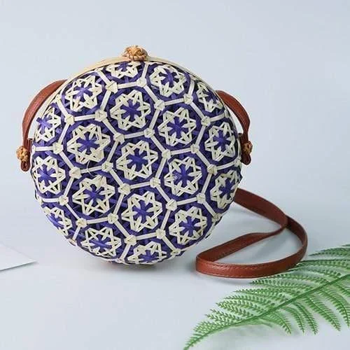 Round Colorful Flower Pattern Rattan Bag - Glova