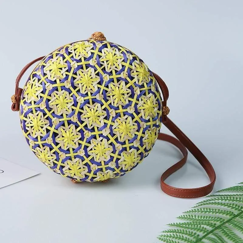 Round Colorful Flower Pattern Rattan Bag - Glova