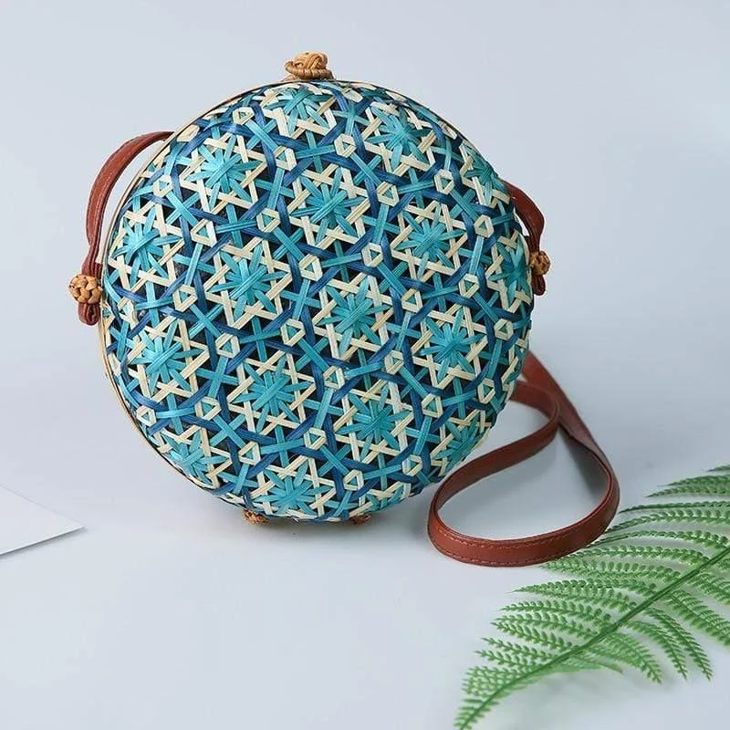 Round Colorful Flower Pattern Rattan Bag - Glova