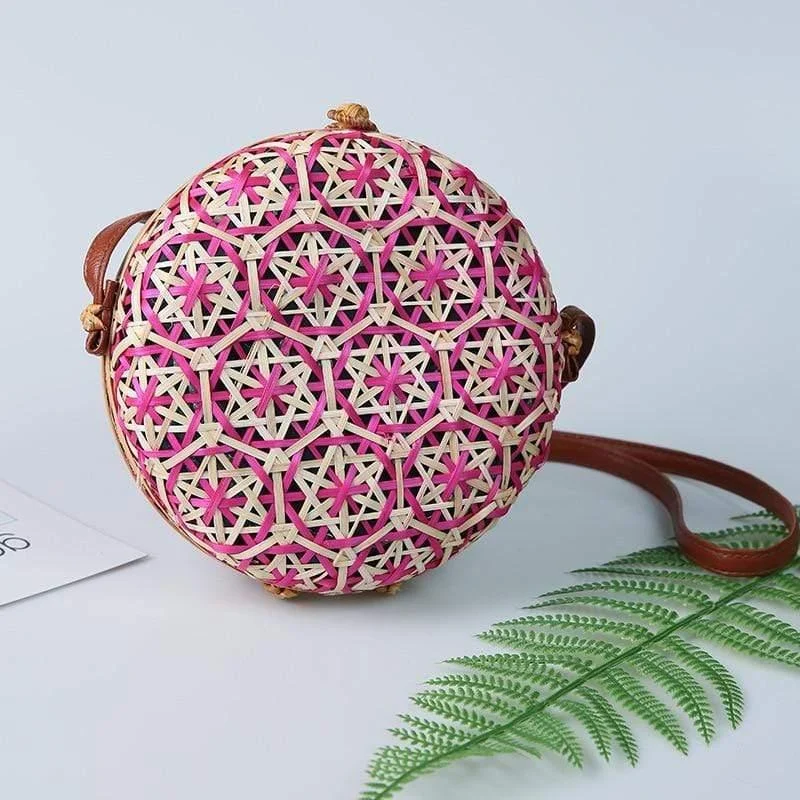 Round Colorful Flower Pattern Rattan Bag - Glova