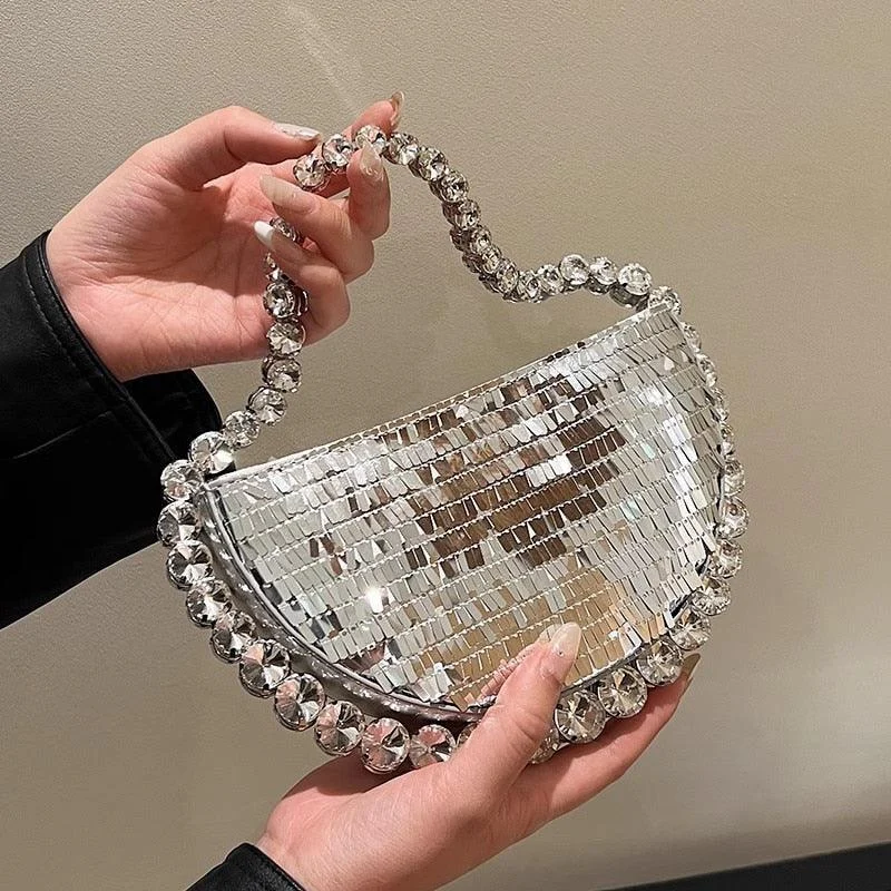 Round Diamond Chain Shiny Evening Bags Women Handbags - Glova