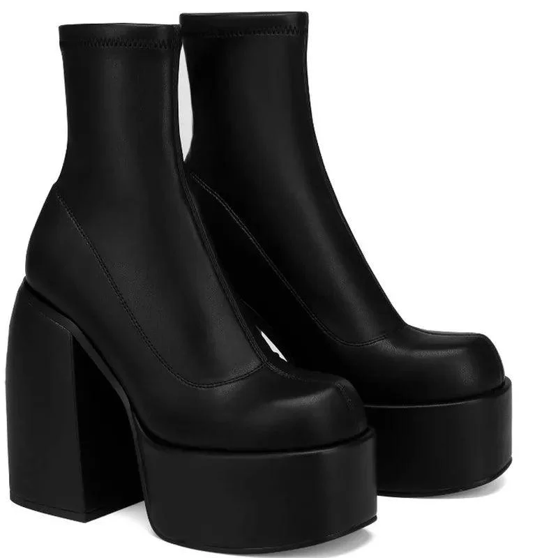 Round Toe Platform Chunky Heels Boots Women's Shoes - Glova