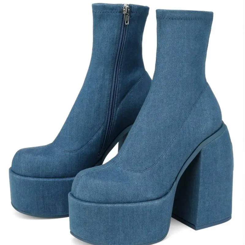 Round Toe Platform Chunky Heels Boots Women's Shoes - Glova