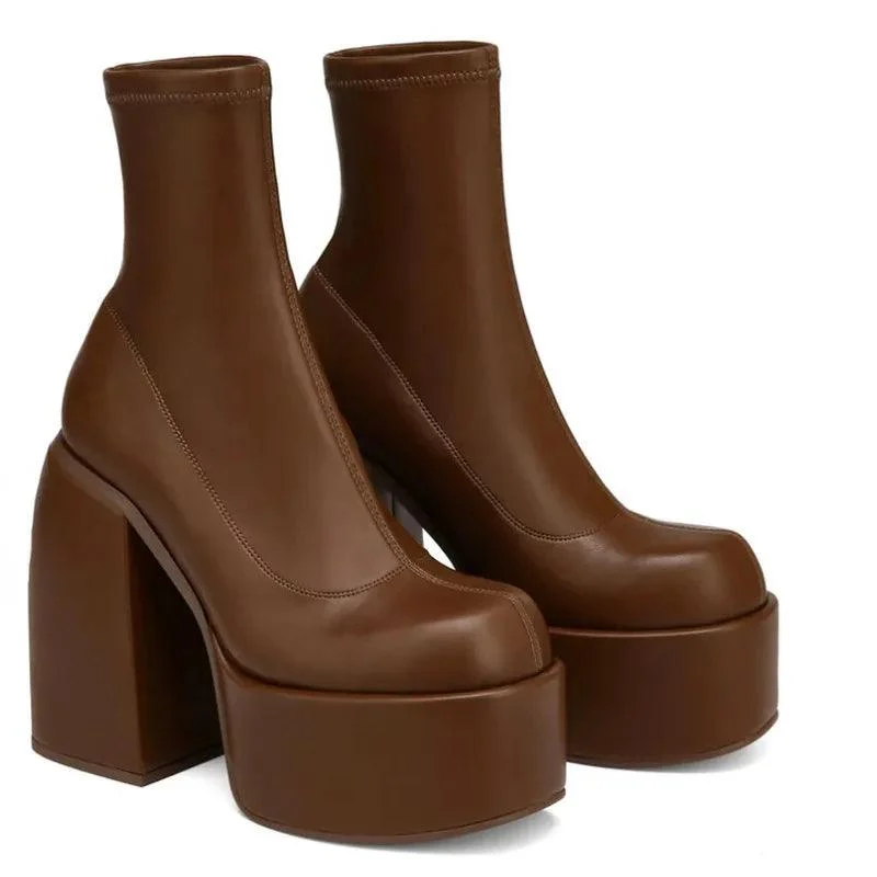 Round Toe Platform Chunky Heels Boots Women's Shoes - Glova