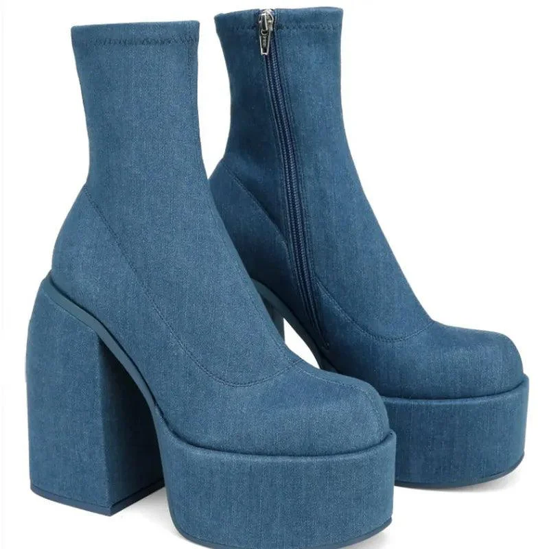 Round Toe Platform Chunky Heels Boots Women's Shoes - Glova