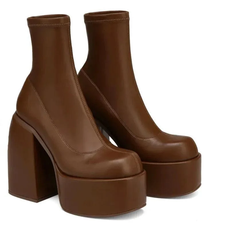 Round Toe Platform Chunky Heels Boots Women's Shoes - Glova