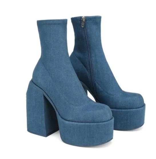 Round Toe Platform Chunky Heels Boots Women's Shoes - Glova