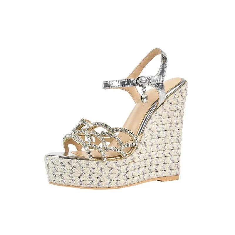 Round toe Thick Sole Diamond inlaid Hemp rope Woven Slope heel Sandals - Glova