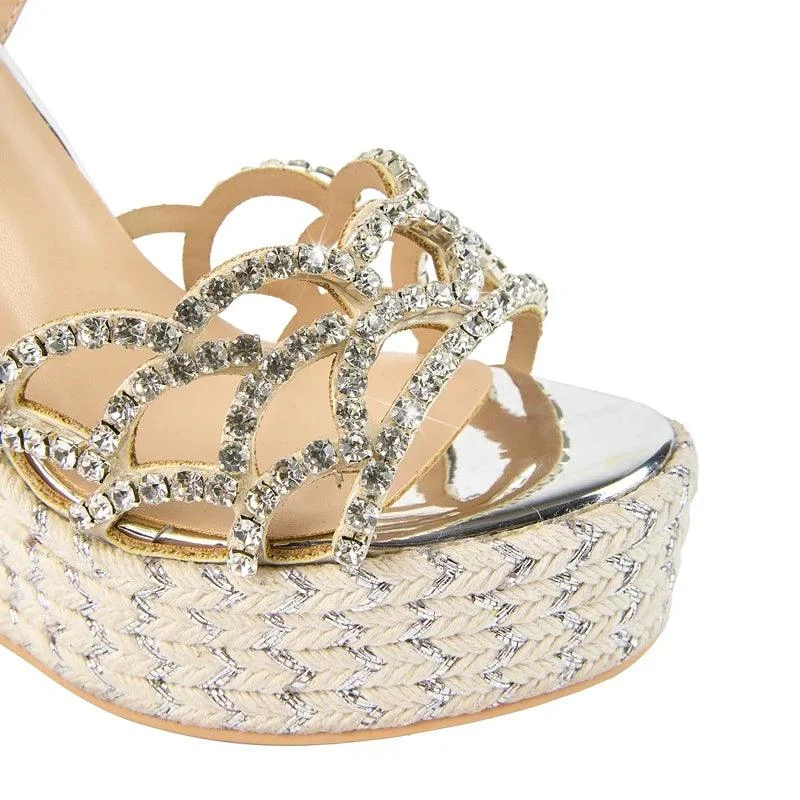 Round toe Thick Sole Diamond inlaid Hemp rope Woven Slope heel Sandals - Glova