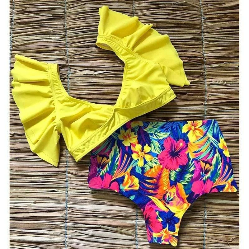 Ruffle Embellished High Waist Bikini Set - Glova