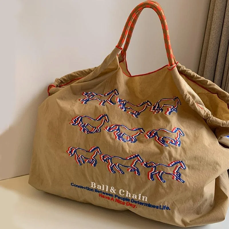 Running Horses Embroidery Casual Canvas Tote - Glova