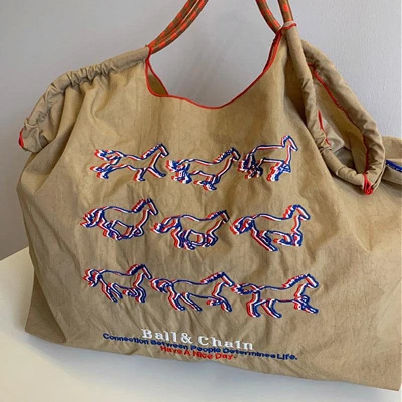 Running Horses Embroidery Casual Canvas Tote - Glova