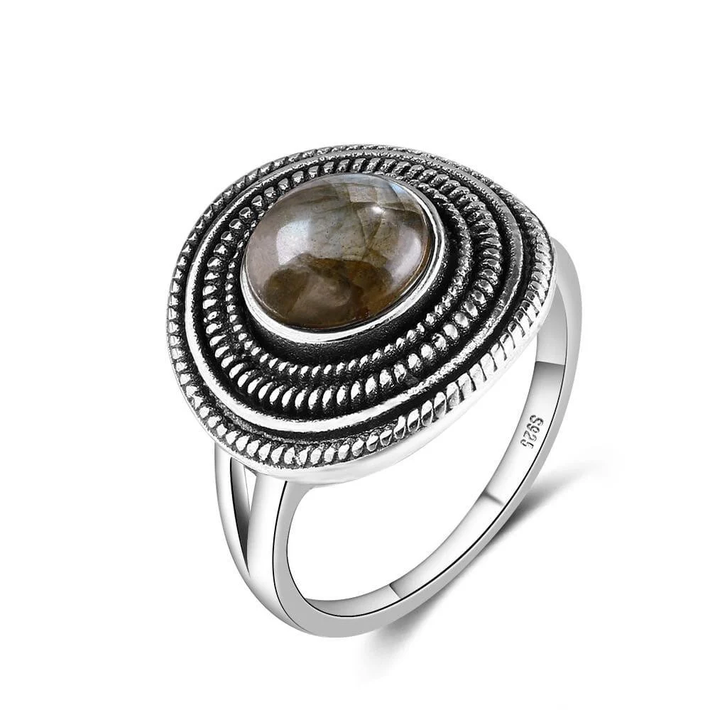 S925 Sterling Silver Natural Stone Round Ring - Glova