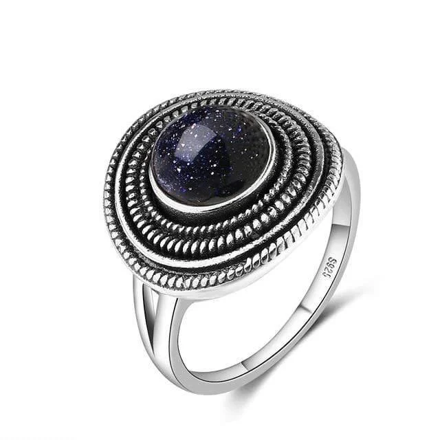 S925 Sterling Silver Natural Stone Round Ring - Glova