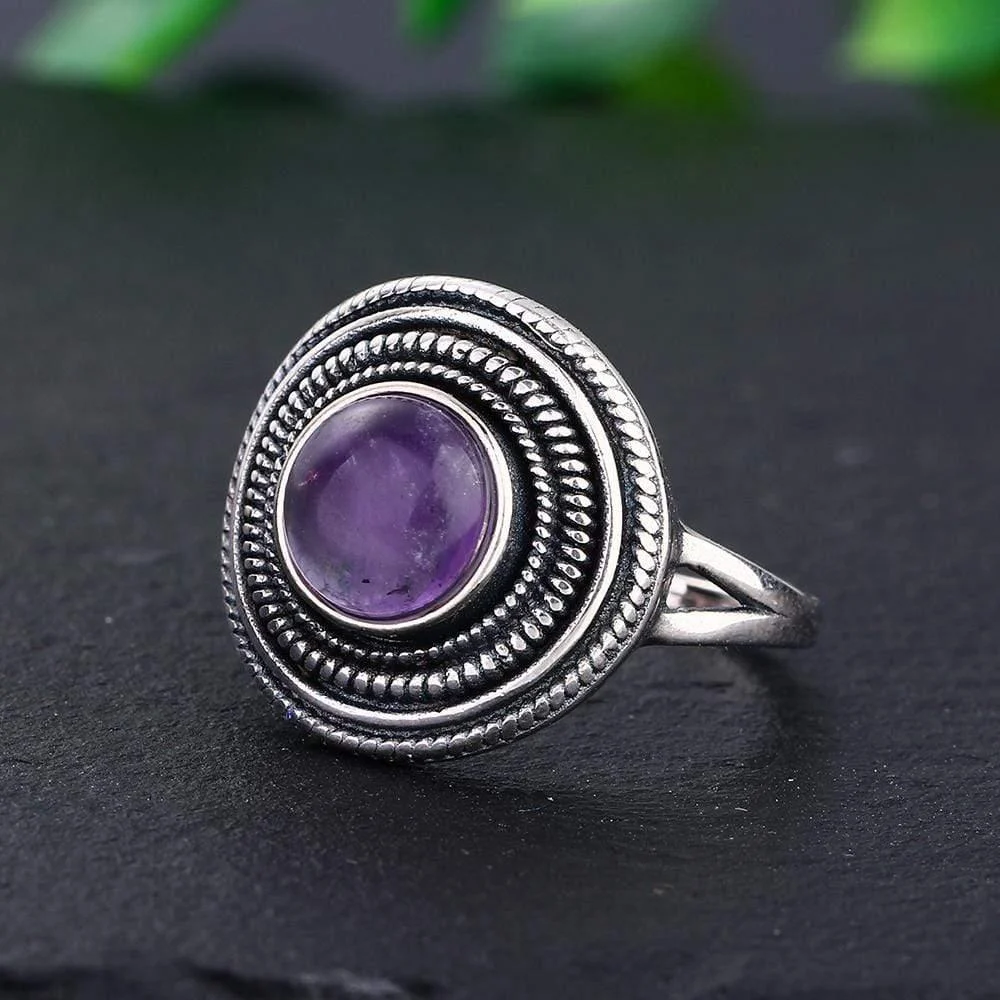 S925 Sterling Silver Natural Stone Round Ring - Glova