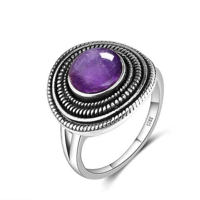 S925 Sterling Silver Natural Stone Round Ring - Glova