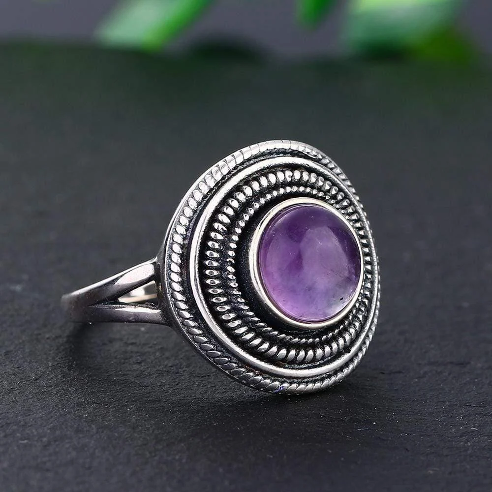 S925 Sterling Silver Natural Stone Round Ring - Glova