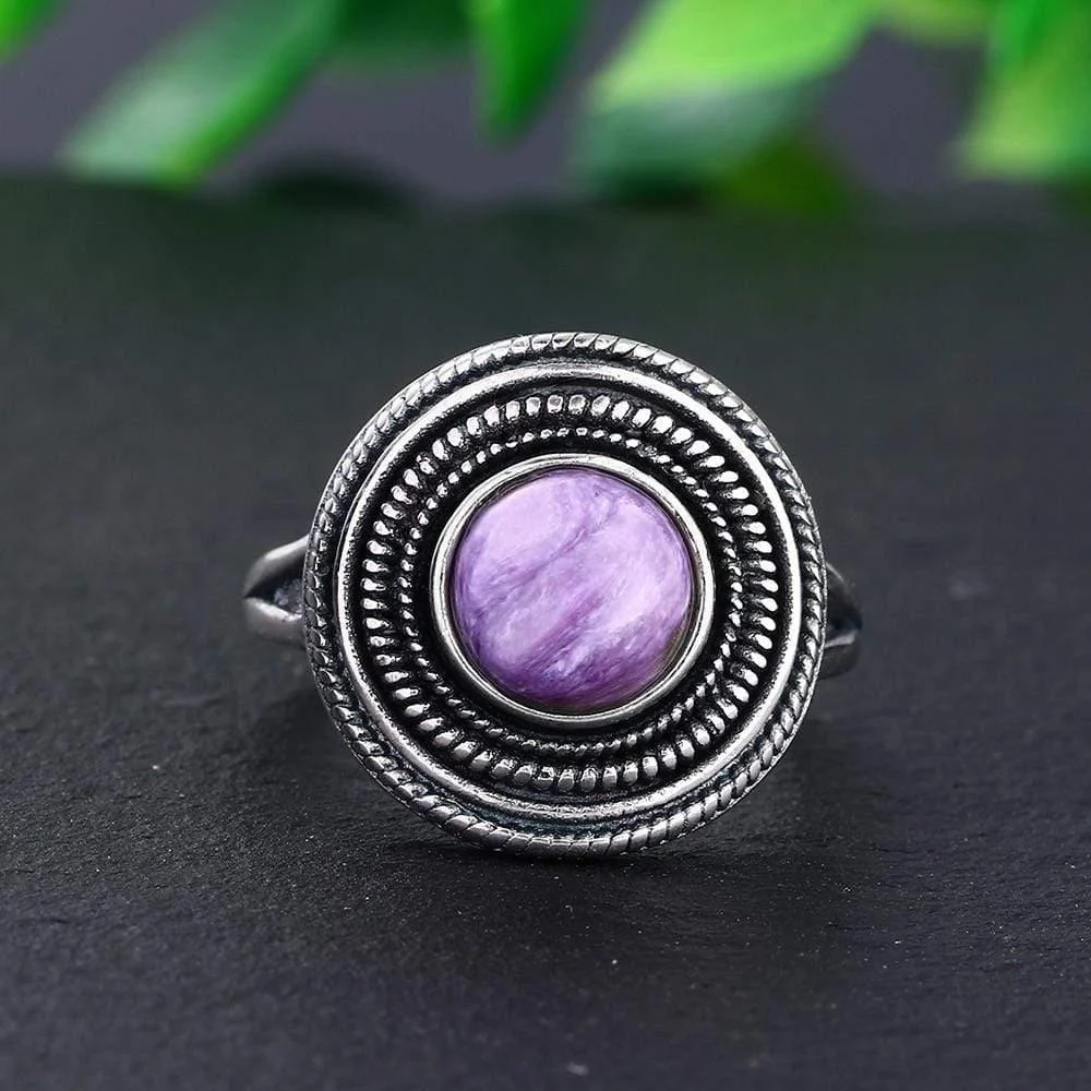 S925 Sterling Silver Natural Stone Round Ring - Glova