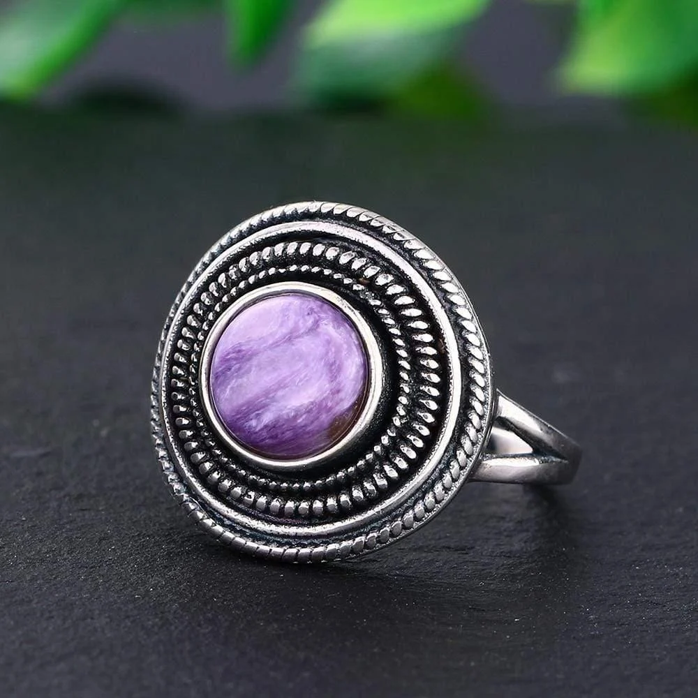 S925 Sterling Silver Natural Stone Round Ring - Glova