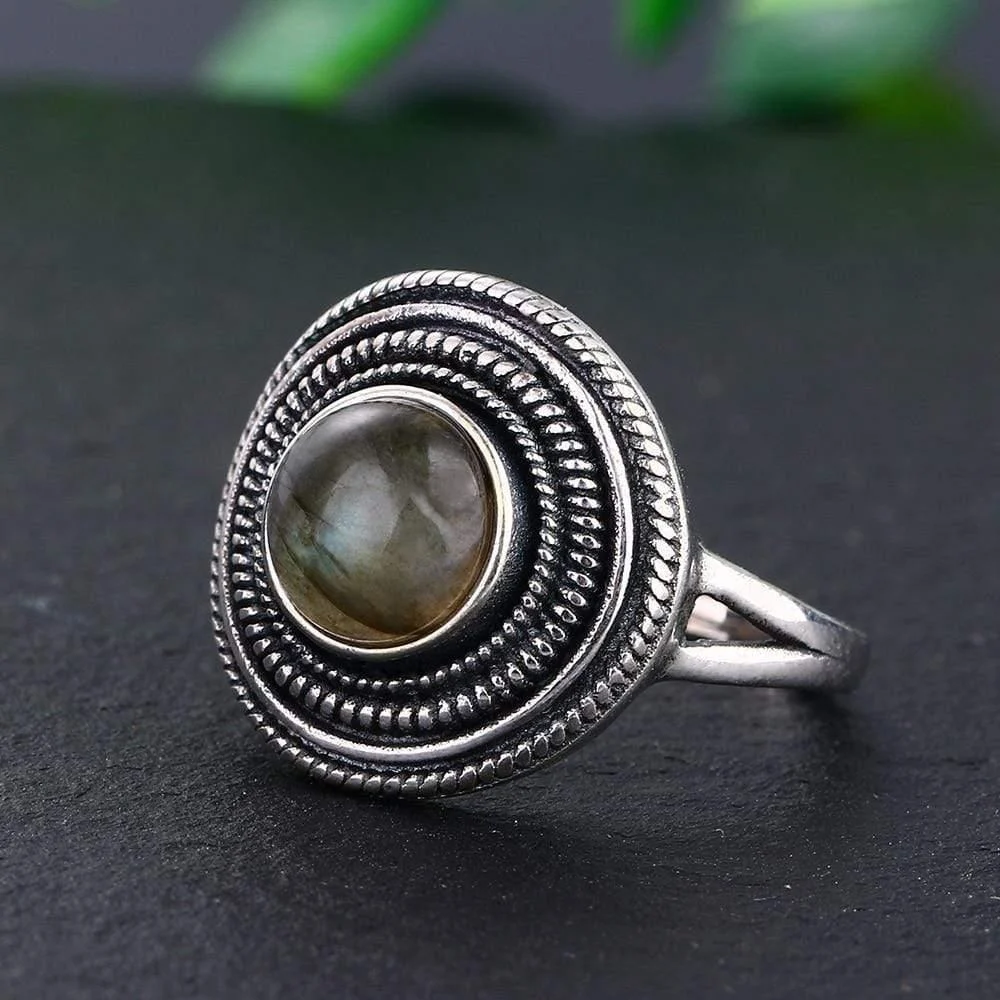 S925 Sterling Silver Natural Stone Round Ring - Glova