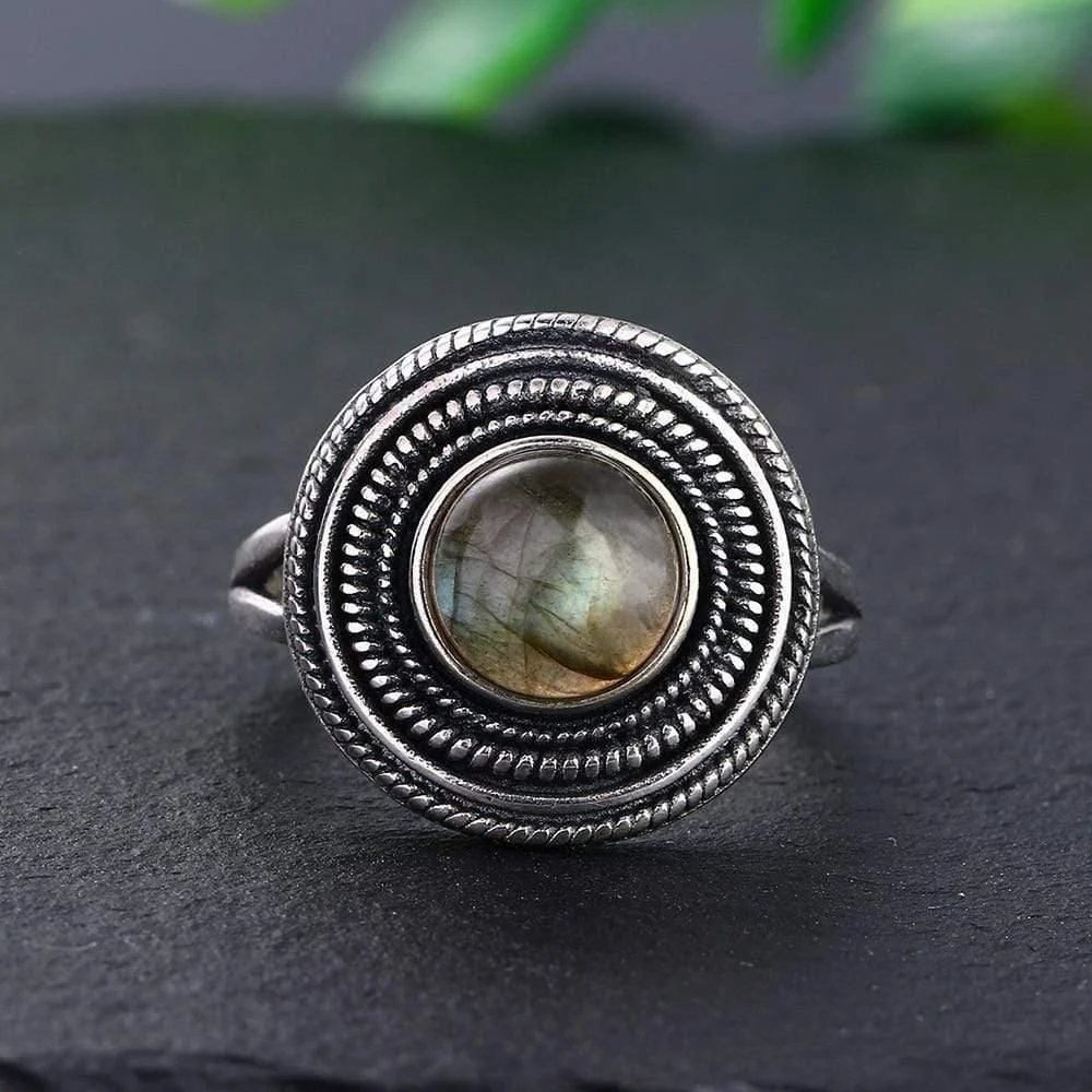 S925 Sterling Silver Natural Stone Round Ring - Glova