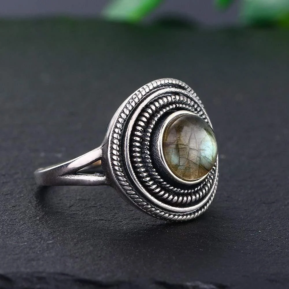 S925 Sterling Silver Natural Stone Round Ring - Glova