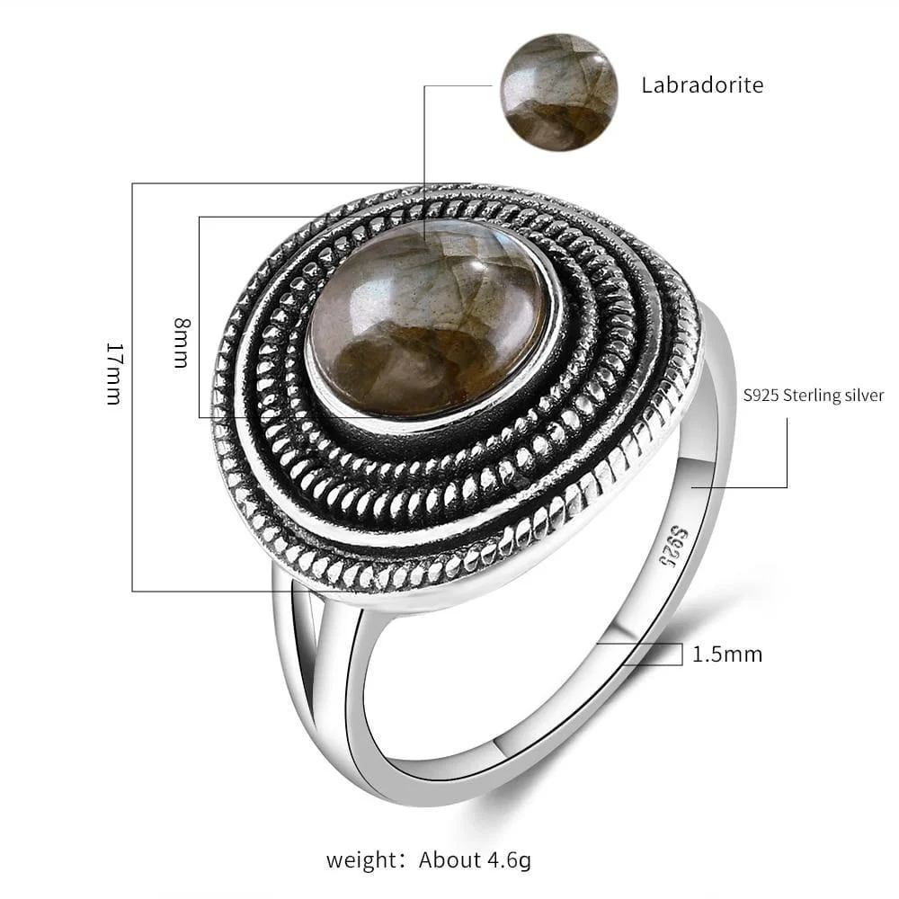 S925 Sterling Silver Natural Stone Round Ring - Glova