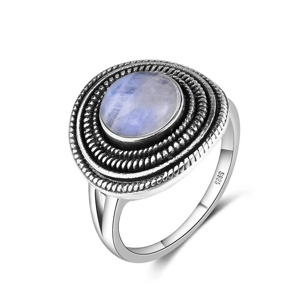 S925 Sterling Silver Natural Stone Round Ring - Glova