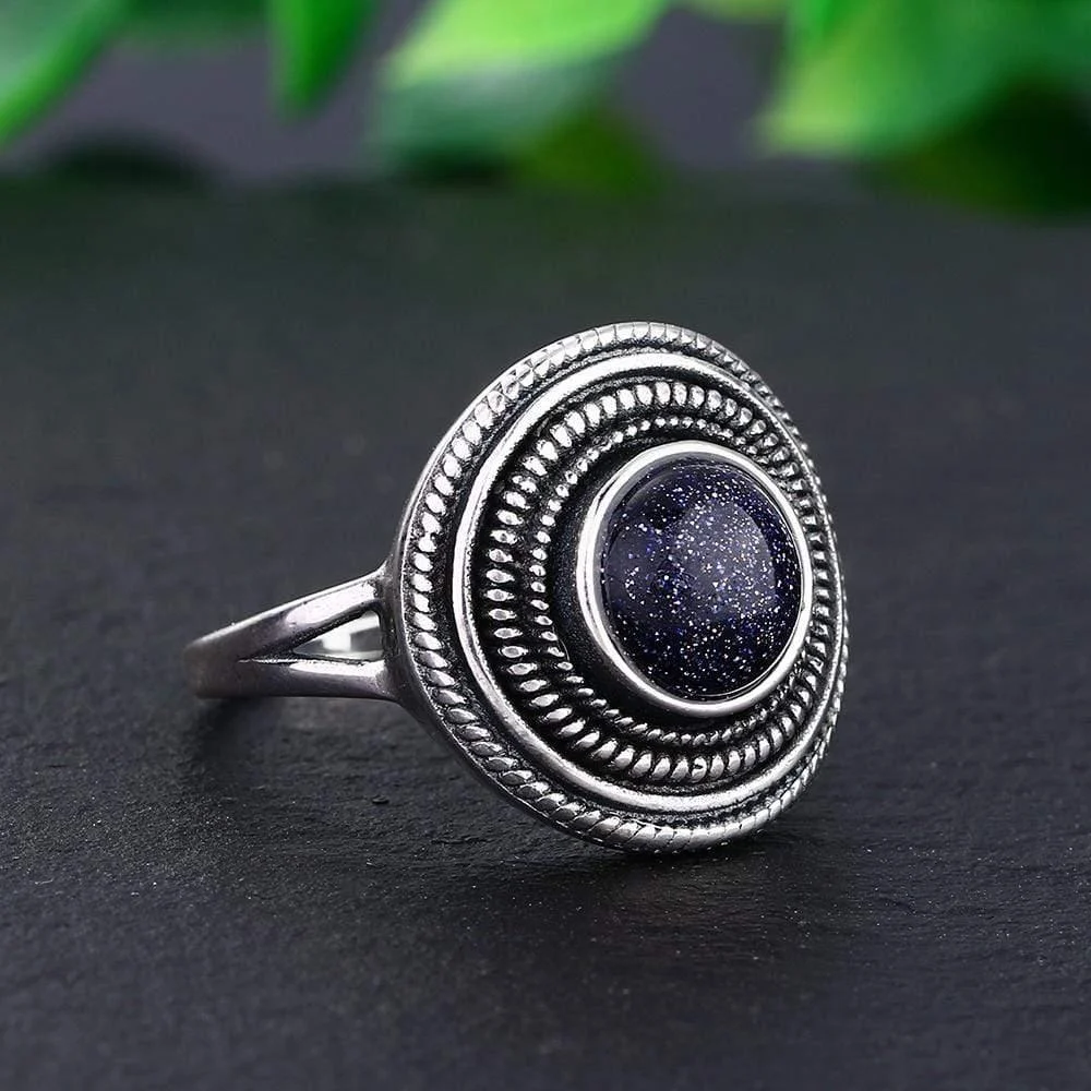 S925 Sterling Silver Natural Stone Round Ring - Glova