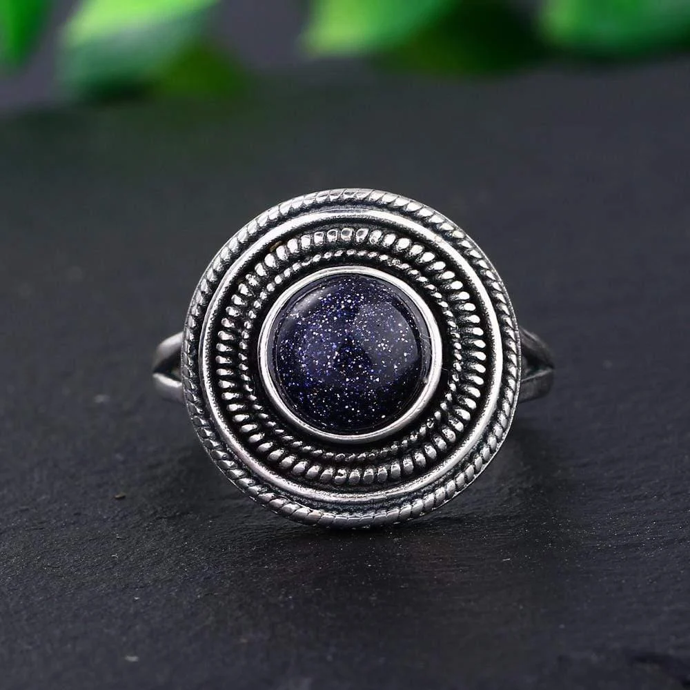 S925 Sterling Silver Natural Stone Round Ring - Glova