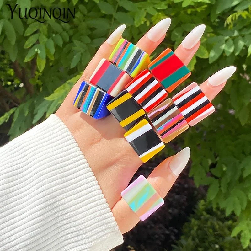 Safina Colorful Stripe Acrylic Resin Rings - 11 Colors - Glova