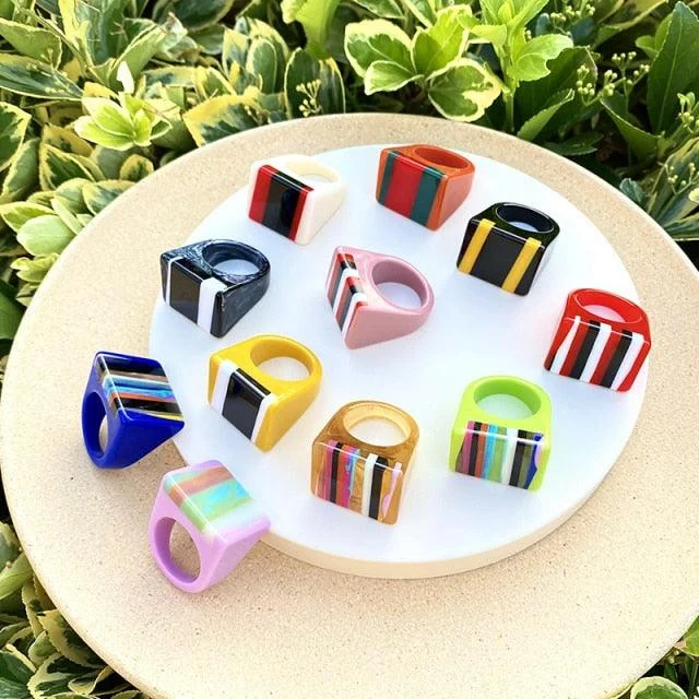 Safina Colorful Stripe Acrylic Resin Rings - 11 Colors - Glova